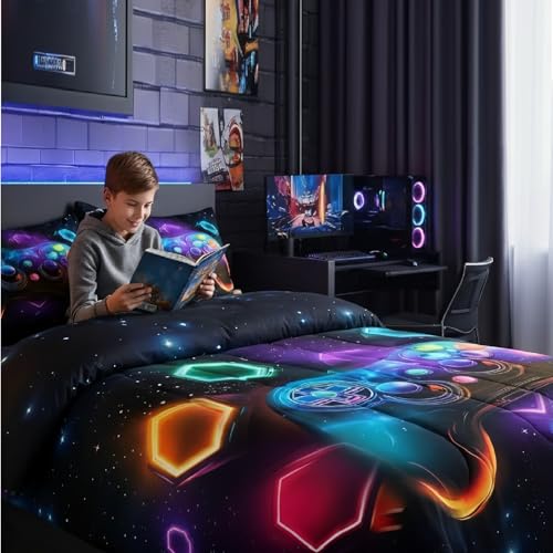Erosebridal Game Consoles Gamer Bedding Set King Gamer Gifts,Gaming Comforter Sets for Boys Space Glow Geometric Kids Comforter Sets Boys Red Green Blue Teal,Teen Boy Room Decor Erosebridal