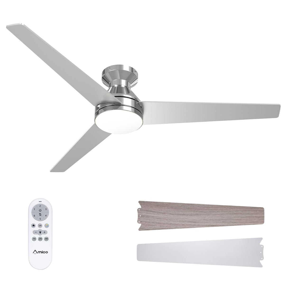 Amico Ceiling Fans with Lights, 52 inch Low Profile Ceiling fan with Light and Remote Control, Flush Mount, Reversible, 3CCT, Dimmable, Noiseless, Nickel Ceiling Fan for Bedroom, Indoor/Outdoor Use Amico
