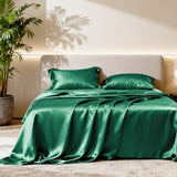 Love's cabin Full Size Satin Sheet Set - 4 Piece Dark Green Silky Satin Sheet Set with Deep Pocket, Luxury Silk Feel Satin Bed Sheets Full Bedding Set (1 Flat Sheet,1 Fitted Sheet,2 Pillow Cases) Love's cabin