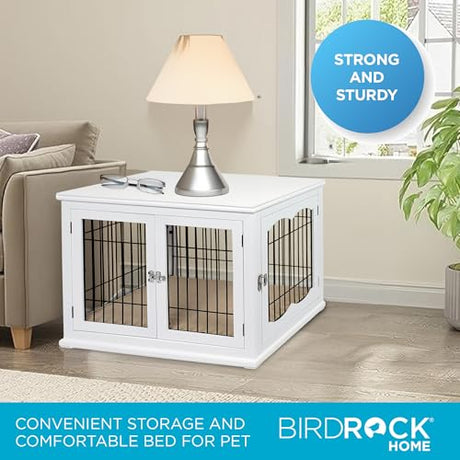 INTERNET'S BEST Decorative Dog Kennel with Pet Bed, Small Pet House, Double Door Indoor Crate, Engineered Wood & Wire Furniture, Side Table & Nightstand, Fits Small Dogs - White Internet's Best