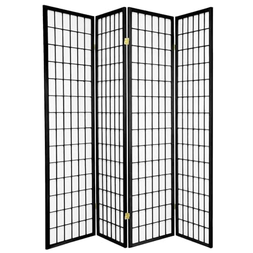 Legacy Decor 4-Panel Shoji Room Divider, Black, Real Wood Grid, Translucent Privacy Panels, 70″ W × 71″ H, Folding Screen Legacy Decor