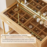 EOYUTLLY 48" Fluted Makeup Vanity Desk with 36" Mirror and Light,Glass Top Wooden Vanity Table with Charging Station,5 Drawers, 3 Adjustable Shelves & 3 Color Lighting Mode, Bedroom Dressing Table,Oak EOYUTLLY