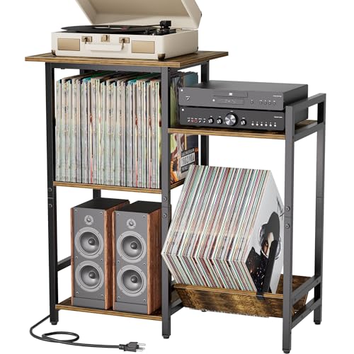 HYPIGO Record Player Stand with Power Outlets, Turntable Stand with Vinyl Record Storage Holds 300+ Albums, Record Player Table with Vinyl Display Holder for Living Room HYPIGO