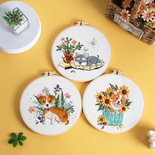GLTAYLMY Dogs Embroidery Kit for Beginners with Pattern and Instructions,3 Pack Cross Stitch Kits,1 Plastic Embroidery Hoops,Threads and Needles,Needlepoint Kit for Adults