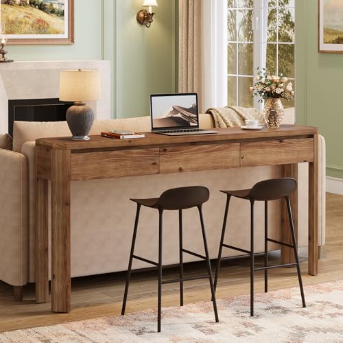 TRIBEWOOD Solid Wood Console Table with 3 Drawers, 63" Long Entryway Table with Rounded Corners, Narrow Sofa Table Behind Couch, Farmhouse Accent Table for Entrance, Hallway, Living Room, Rustic Brown TRIBEWOOD