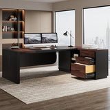 Tribesigns 80'' L-Shaped Desk, Large Executive Office Desk with 55'' Drawers Cabinet, Modern Computer Table with Storage Shelves, Business Furniture for Home Office, Walnut & Black Tribesigns