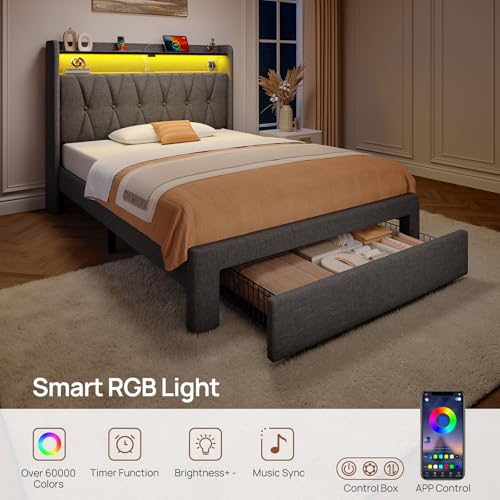 Rolanstar Twin Bed Frame with Drawer, Storage Headboard with Charging Station and LED Lights, Upholstered Bed with Heavy Duty Wood Slats, No Box Spring Needed, Noise Free, Easy Assembly, Dark Grey Rolanstar