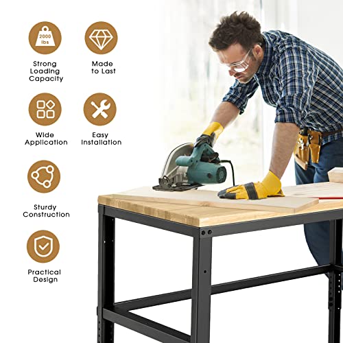 IRONMAX 48'' Adjustable Workbench, Heavy Duty Workstation with Oak Wood Table Top & Steel Frame, 2000 LBS Load Capacity Hardwood Worktable for Garage Home Office Generic