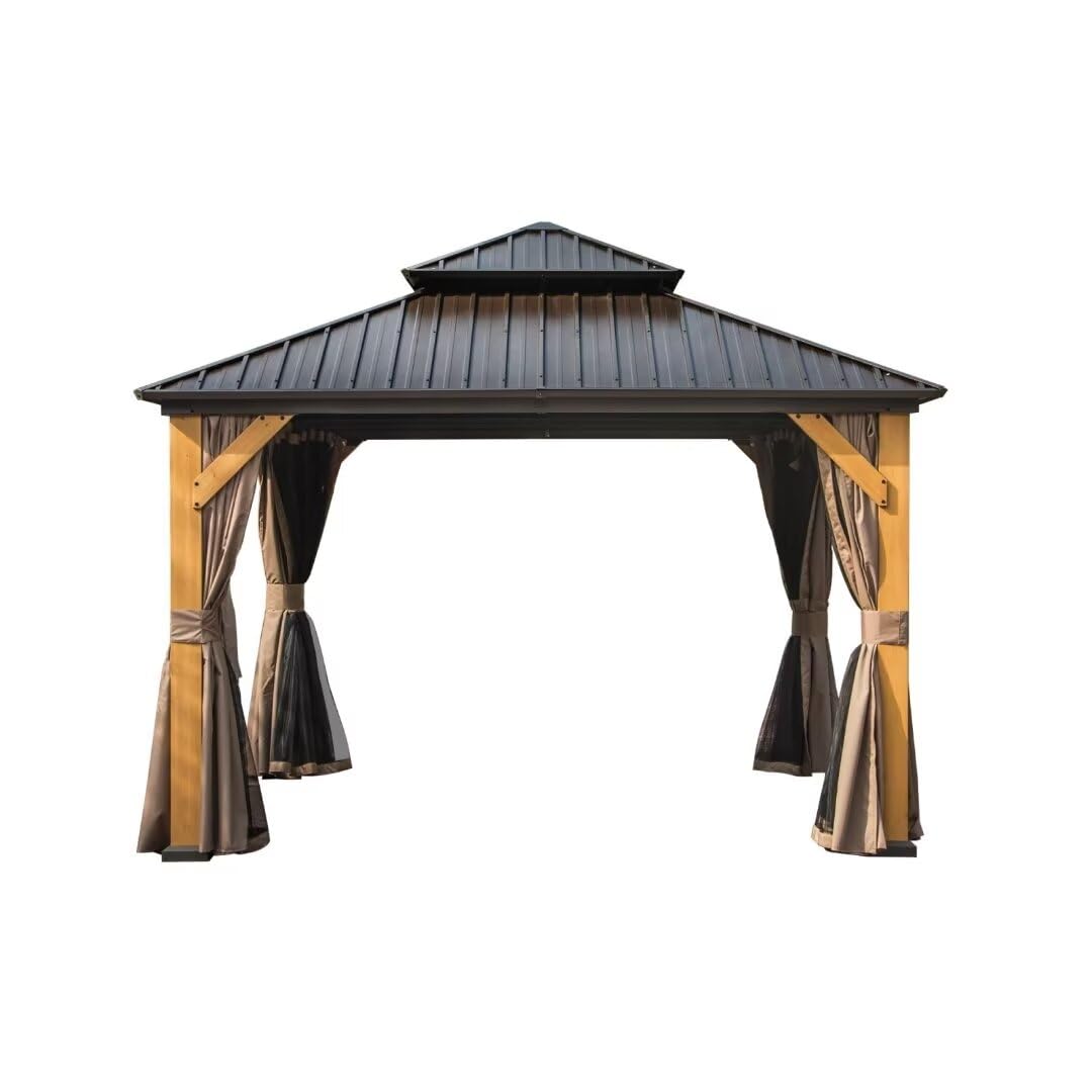 LPP-AWH 12'x14' Hardtop Gazebo with Cedar Wood Frame,Galvanized Steel Double Roof Gazebo Pavilion with Curtains and Netting - Outdoor Permanent Gazebo Canopy for Garden & Backyard (Brown) - WoodArtSupply