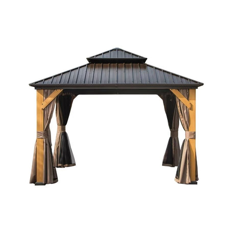 LPP-AWH 12'x14' Hardtop Gazebo with Cedar Wood Frame,Galvanized Steel Double Roof Gazebo Pavilion with Curtains and Netting - Outdoor Permanent Gazebo Canopy for Garden & Backyard (Brown) LPP-AWH