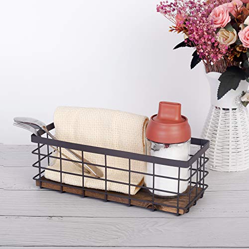 TIEYIPIN Small Metal Wire Storage Basket, Detachable Wood Base Storage Organizer Bin Basket for Kitchen Cabinets, Bathroom, Pantry, Garage, Laundry Room - Brown