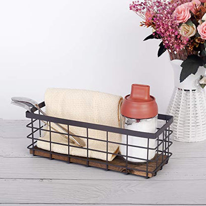 TIEYIPIN Small Metal Wire Storage Basket, Detachable Wood Base Storage Organizer Bin Basket for Kitchen Cabinets, Bathroom, Pantry, Garage, Laundry Room - Brown - WoodArtSupply