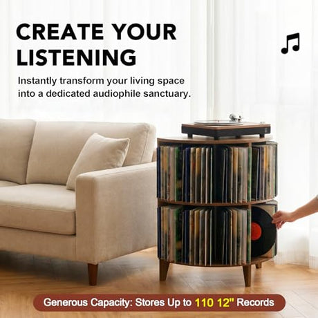 YKLYTBD Record Player Stand with Vinyl Storage, Corner Turntable Stand Holds Up to 110 Albums, 2-Tier Mid-Century Modern Media Console & End Table for Small Spaces YKLYTBD