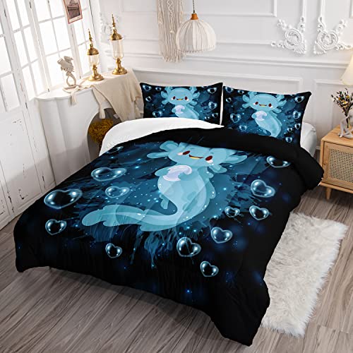 HOSIMA Axolotl Comforter Set Blue Axolotl Pattern Kawaii Bed Set for Kids Bedroom Decor,Twin Bed Set for Girls with 2 Pillowcases. HOSIMA