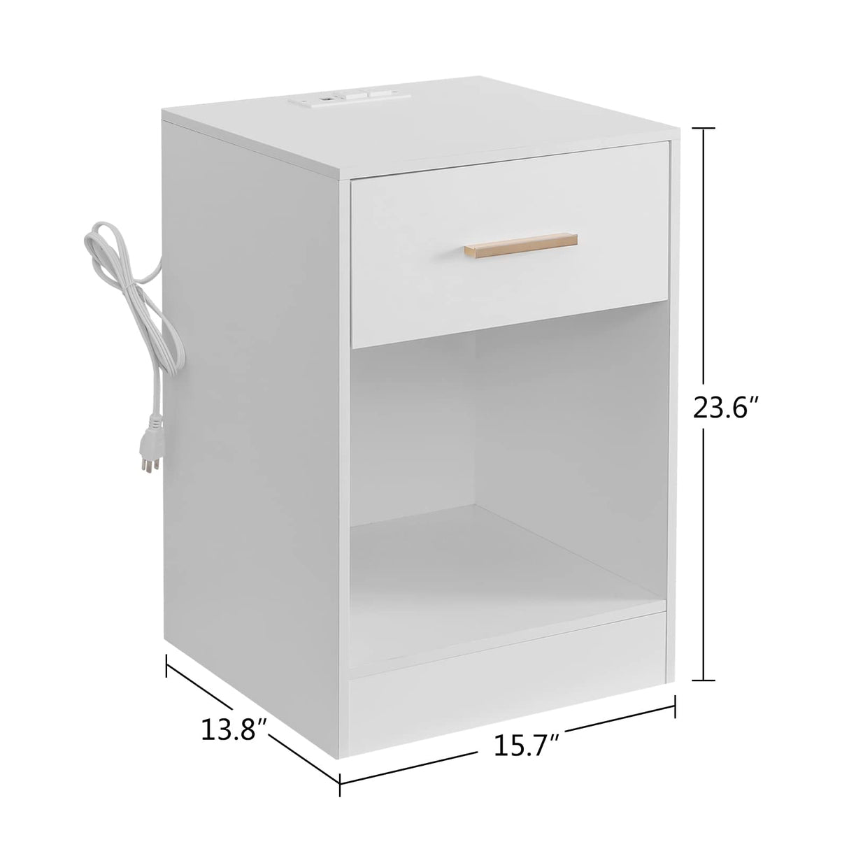 LAPTAIN Nightstand with Charging Station, End Side Table with Storage Drawer and Open Cabinet, Bedside Table for Bedroom, White LAPTAIN