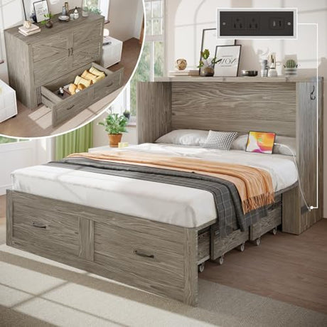 KCGKCG Full Size Murphy Bed with Storage & Charging Station, Murphy Cabinet Bed with Large Drawer for Guest Bedroom, Living Room, Office or Small Room, Full Foldable Platform Bed (Grey, Full) KCGKCG