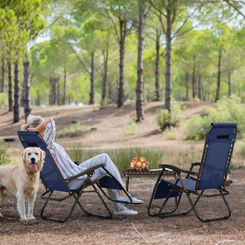 Yaheetech Zero Gravity Recliners Outdoor Adjustable Folding Reclining Lounge Chairs w/Pillows, Cup Holder Trays and Carry Strap for Patio Backyard Beach Navy Blue Set of 2