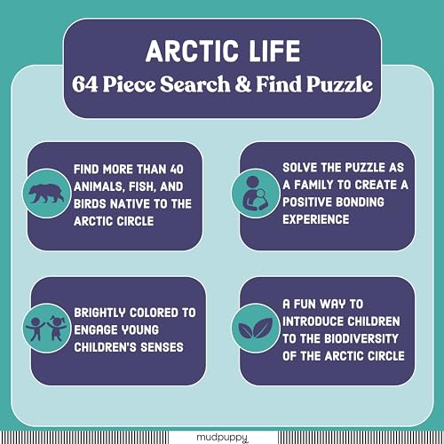 Mudpuppy Arctic Life Search & Find Puzzle, 64 Pieces, 23”x15.5” – For Kids Age 4-7 - Colorful Illustrations of Animals, Fish, Birds Living in the Arctic – Complete Puzzle to Find 40+ Hidden Images Mudpuppy