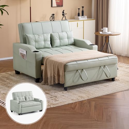 VINGLI Light Green Futon Sofa Bed Convertible Loveseat Sleeper Couch, Faux Leather Pullout Sofa Fold Out Couch Bed with USB Ports, Cup Holders, Armrest for Living Room, Bedroom Apartment Room VINGLI