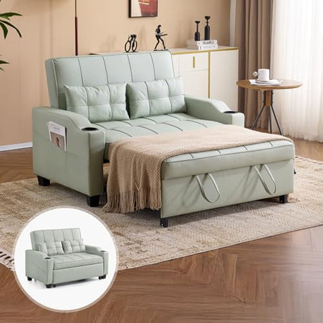 VINGLI Light Green Futon Sofa Bed Convertible Loveseat Sleeper Couch, Faux Leather Pullout Sofa Fold Out Couch Bed with USB Ports, Cup Holders, Armrest for Living Room, Bedroom Apartment Room VINGLI
