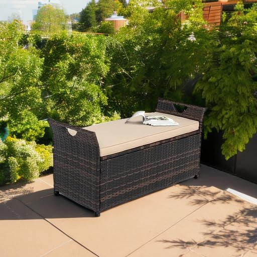 VINGLI 40 Gallon Outdoor Storage Bench with Cushion, Rattan Storage Box, Patio Wicker Deck Box with Seat for Garden | Balcony | Porch | Pool | Yard (Brown Frame + Beige Cushion) VINGLI