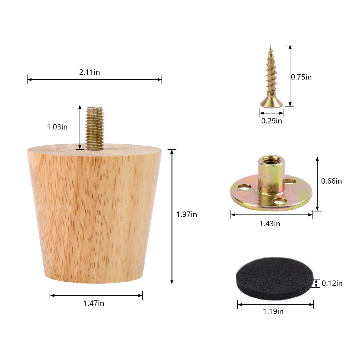 Txcucc 2" Round Solid Wood Furniture Leg Set of 4 Mid-Century Modern Sofa Couch Bed Coffee Chair Desk Straight Feet Legs with Pre-Drilled 5/16（M8） Inch Bolt& Screws& Rubber Pads… Txcucc