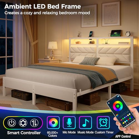 Seventable Bed Frame Full Size with Charging Station, LED Bed with Upholstered Storage Headboard, Metal Platform Bed with Under Bed Storage, No Box Spring Needed, Noise Free, Easy Assembly, White Seventable