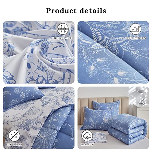 Flysheep Botanical Bed in a Bag Twin Size 6 Pieces, Reversible Blue and White Flower Printed Comforter Bedding Set (1 Comforter, 1 Flat Sheet, 1 Fitted Sheet, 2 Pillow Shams and 1 Pillowcase) Flysheep