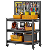 Workbench with Pegboard, Adjustable Shelving Work Table, Mobile Workstation with Lockable Wheels for Garage Warehouse Workshop Office, 47.2" H x 33.5" W x 18" D, Black Jaqiumn