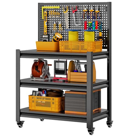 Workbench with Pegboard, Adjustable Shelving Work Table, Mobile Workstation with Lockable Wheels for Garage Warehouse Workshop Office, 47.2" H x 33.5" W x 18" D, Black Jaqiumn