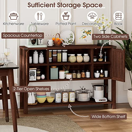 Giantex Buffet Sideboard, Farmhouse Wood Cupboard w/ 2 Storage Cabinets & 2-Tier Open Shelf, Spacious Countertop, Adjustable Shelves, Anti-Tipping, for Kitchen Living Room (Brown) Giantex