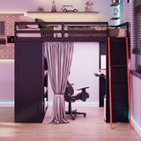 Merax Full Size Loft Bed with Desk and 6 Storage Shelves, Wardrobe, Blackout Curtain, Sturdy Wood Gaming Loft Bunk Bed Frame with USB Port & RGB Lights, No Box Spring Needed, Space-Saving, Black+Red Merax