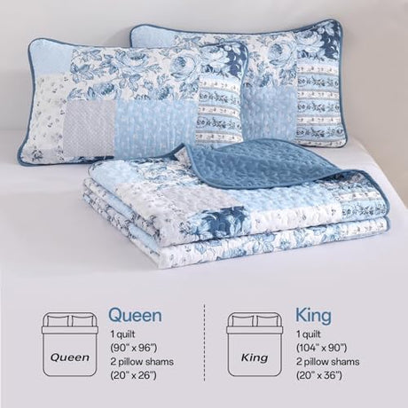 Anibedding Blue Patchwork Quilt Set King Size Boho Floral Plaid Bedspread Coverlet Set, Farmhouse Soft Microfiber Bedding Set, Blue Summer Bed Cover with 2 Pillowcases for All Season Anibedding