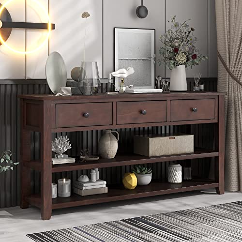 Bellemave Solid Wood Console Table with Drawers, Retro Entryway Table with 3 Drawers and 2 Open Storage Shelves, Narrow Long Sofa Table, Behind Couch Table for Living Room, Foyer and Hallway, Espresso Bellemave