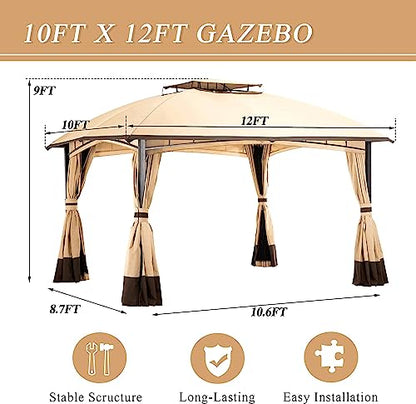 10’x 12’ Outdoor Gazebo, Double Roof Patio Gazebo with Netting and Curtains, Metal Frame Outdoor Patio Canopy for Deck Backyard Garden