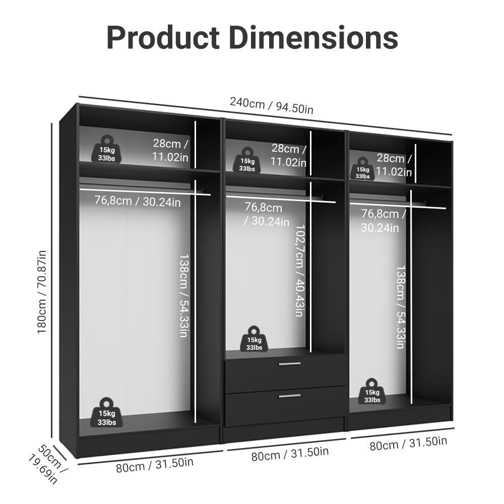 Madesa 6 Doors 2 Drawers Wardrobe Set Armoire Closet Bedroom Storage Cabinet with Shelves and Hanging Space 94" L Wooden Clothing Organizer Unit (Black) Madesa