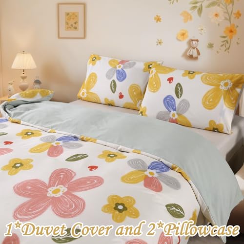 MAG 3pcs Floral Bedding Duvet Cover Set Twin,Boho Duvet Cover Colorful,Flower Duvet Cover Set for Toddler, Kids, Girls, Super Cute Microfiber (no Comforter) (Yellow, Twin) MAG