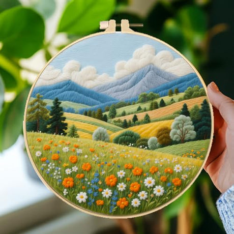 BEUNITONE 4 Pack Beginner Embroidery Kit for Adults, Fairy Tale Nature Landscape Pre-Stamped Pattern Needlepoint Kits with Hoop, Tools & Instruction, Hand Embroidery Kits for Fabric and Home Decor BEUNITONE