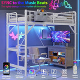 Twin Size Loft Bed with LED Lights and Charging Station, Industrial Heavy Duty Metal Loft Bed Frame with Ladder and Guardrail for Kids Adults, Small Space Saving Design for Bedroom Dorm, White Jocoevol