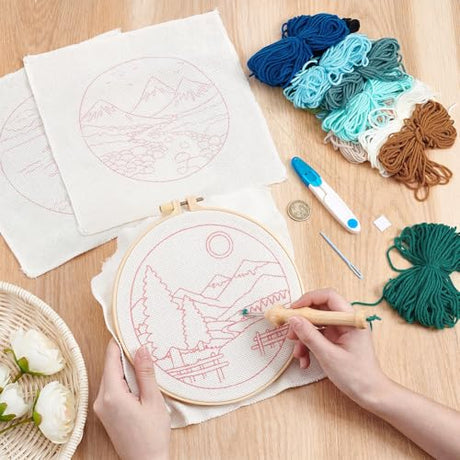 BEUNITONE 3PCS Landscape Punch Needle Kit for Adults Beginners, Complete Craft Kit Needlepoint Kits for Adults with Hoop, Punch Needle Starter Craft Set for Cloth Festival Gift and Home Decor 20X20CM BEUNITONE