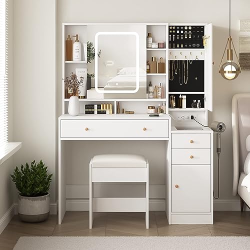Vabches White Vanity Desk with Mirror and Lights, Vanity Table Makeup Vanity with Lights 3 Drawers and Cabinets, Charging Station & Sliding Door, Lots Storage Shelves Vabches