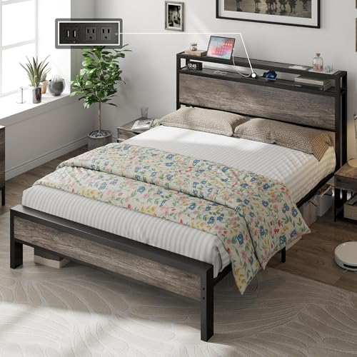 AMERLIFE Industrial Queen Size Bed Frame with Charging Station & 2-Tier Storage Headboard in Rustic Grey AMERLIFE