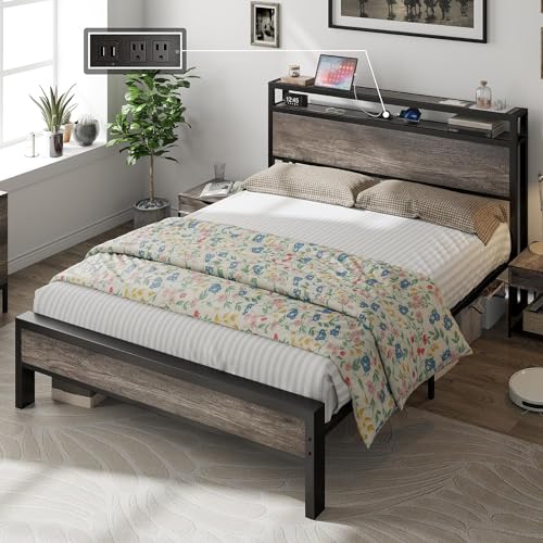 AMERLIFE Industrial Queen Size Bed Frame with Charging Station & 2-Tier Storage Headboard in Rustic Grey - WoodArtSupply