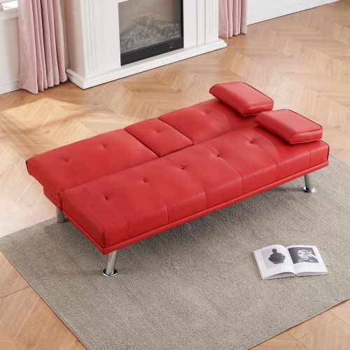 Futon Sofa Bed Modern Folding Couch for Small Space, Faux Leather Convertible Loveseat Sleeper Bed Daybed Recliner Lounge Sofas for Living Room,2 Cup Holders,Metal Legs,Removable Armrests (Red) Anwick