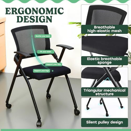 AceOrbit 4 Pcs Foldable Office Chair with PU Wheels Lumbar Support, Armrest, Thick Breathable Mesh Seat Stackable Chair for Office Meeting, Conference, Training Room, Black AceOrbit