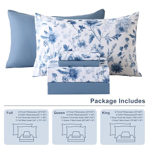 Botanical 6-Piece Full Size Sheets Set, Boho Floral Print Brushed Microfiber Sheets, Cooling Bed Sheet Set, Ultra Soft & Breathable, 16' Deep Pocket Fitted Sheet & Pillowcase Set, Grey Blue Floral Swiftify