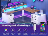 SEDETA Farmhouse L Shaped Standing Desk, 71" x 73" Height Adjustable Home Office Executive Desk with Drawers, Power Outlet, Monitor Stand, Sit Stand Table with Led Lights for Home Office, White SEDETA