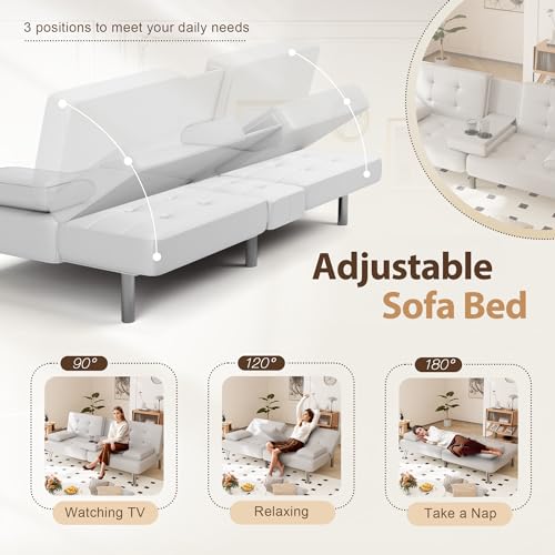 Shahoo Convertible Folding Futon Sofa Bed Sleeper Couch for Living Room Faux Leather Upholstered Loveseat w/Removable Armrests, Metal Legs, 2 Cup Holders, White Shahoo