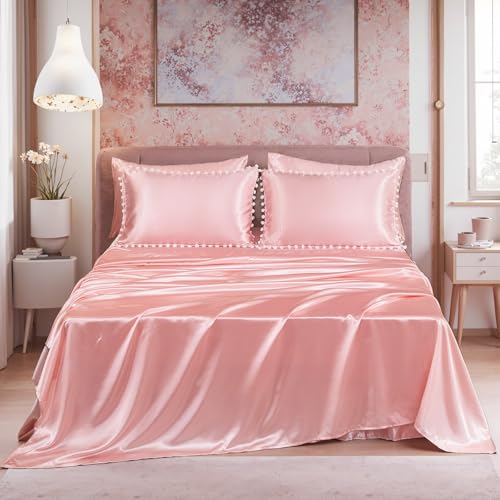 Bedorm Pink Satin Comforter Set 10 Pcs White Pom Pom Bedding Set Queen Size Super Soft Smooth Silk Like Silky Comforter Queen Bed in A Bag with Comforter & Sheet Set & Pillowcase & Bed Skirt Bedorm