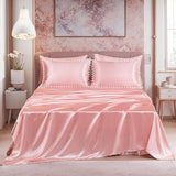 Bedorm Pink Satin Comforter Set 10 Pcs White Pom Pom Bedding Set Queen Size Super Soft Smooth Silk Like Silky Comforter Queen Bed in A Bag with Comforter & Sheet Set & Pillowcase & Bed Skirt Bedorm